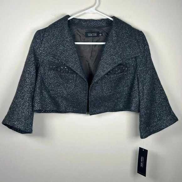 Rickie Freeman For Teri Jon Black Metallic Wool Blend Beaded Jacket Women’s Sz 4 - Picture 1 of 10